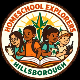 Homeschool Explorers Hillsborough logo showing four diverse children with backpacks gathered around an open book with a green star and yellow sun behind them